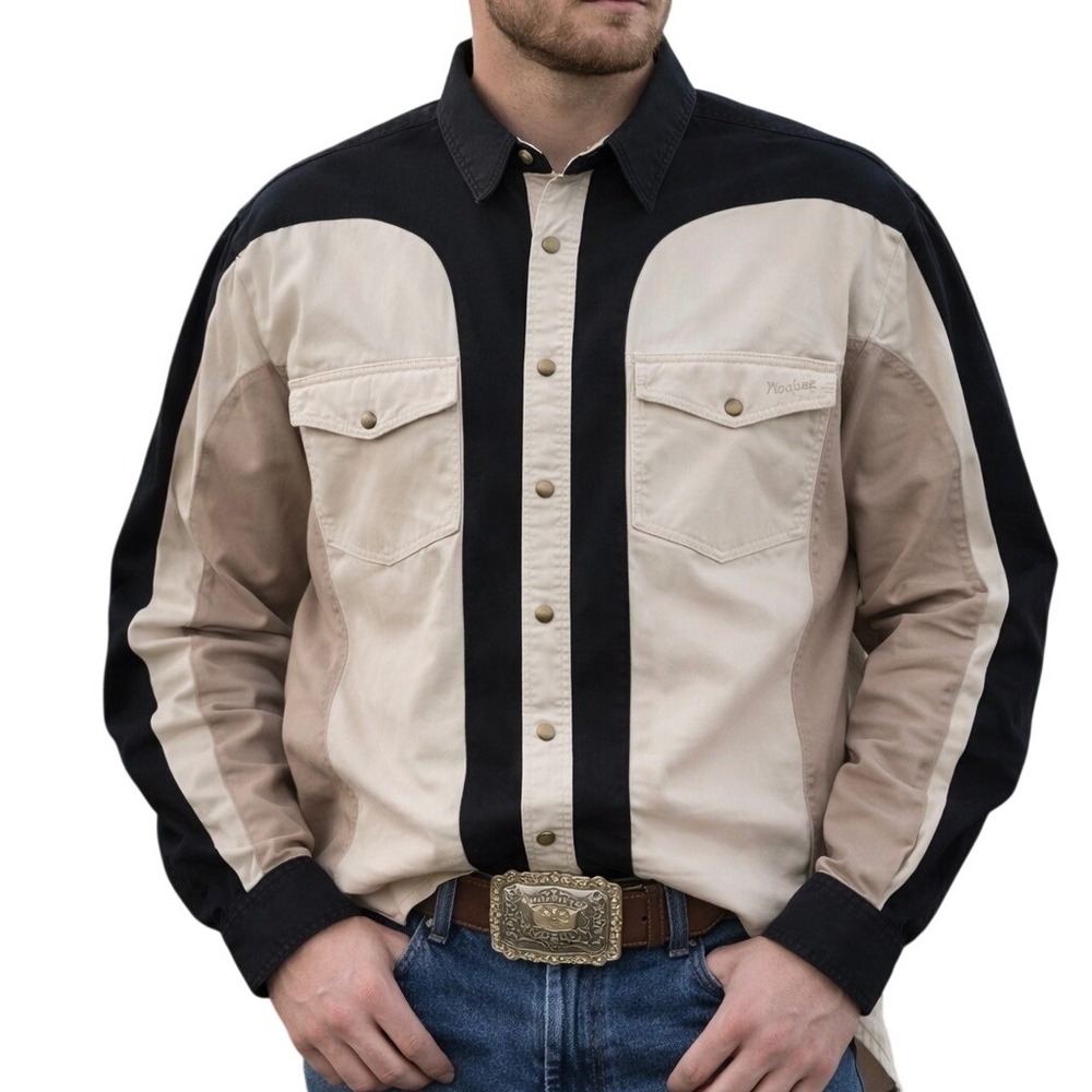 Vintage 80's Wrangler‎ Western Pearl Snap Shirt Colorblock Black Tan Cream XL